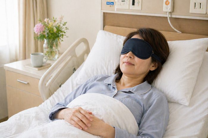病院ベッドで寝る女性