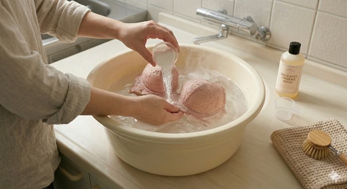 粉末の漂白剤を入れている
